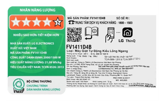 Máy giặt sấy LG Inverter giặt 11 kg - sấy 7 kg FV1411D4B