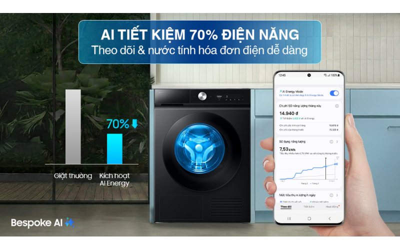 Máy giặt Samsung Bespoke AI EcoBubble Inverter 10 kg WW10DB7U34GBSV