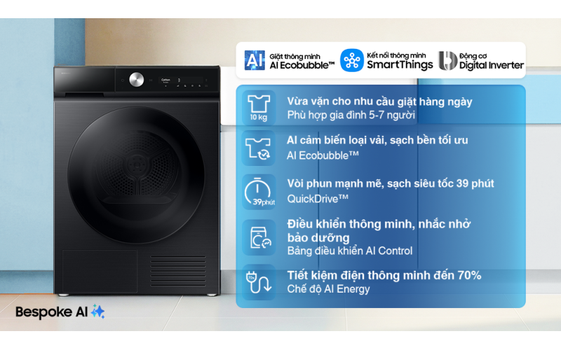 Máy giặt Samsung Bespoke AI EcoBubble Inverter 10 kg WW10DB7U34GBSV